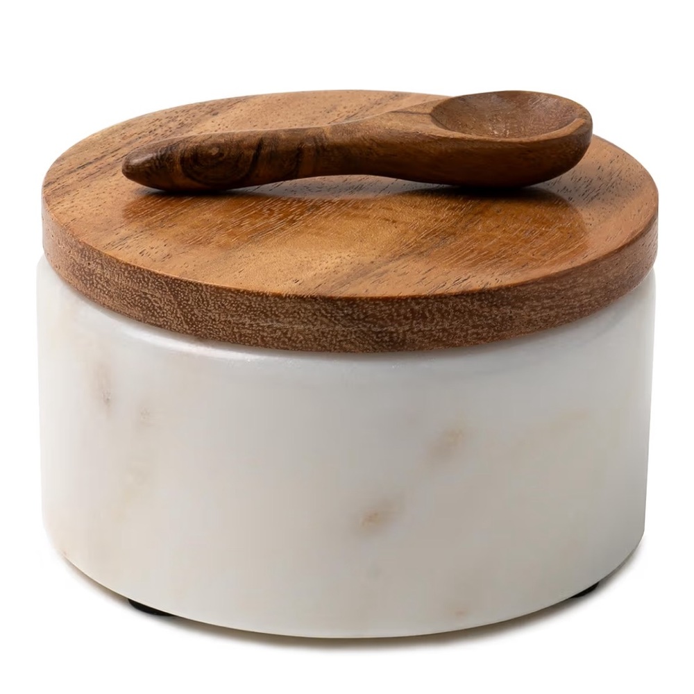 Cork & Mill White Marble Salt Cellar with Acacia Wood Lid and Spoon - Picture 2 of 14